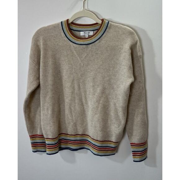 Madewell Sweaters - Madewell Womens Cashmere Sweater Size XS Waffle Knit Beige Rainbow Neck and Cuff